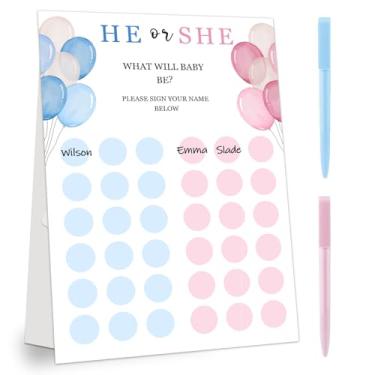 Imagem de Jogos de festa de revelação de gênero, balão com tema de bebê, placa de votação de revelação de gênero, meninos ou meninas votando com duas canetas, ele ou ela, jogos de decoração de festa revelação