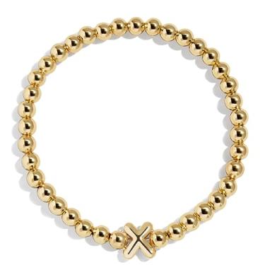 Imagem de BaubleBar Pulseira personalizada inicial Pisa, contas modernas banhadas a ouro, joias modernas, pulseira popular com letras iniciais, ajuste elástico para crianças e adultos, One Size, Latão, Sem