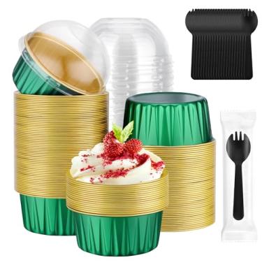 Imagem de EUSOAR Forros e garfos de cupcake embrulhados individualmente, 120 peças, ramequins descartáveis de 142 g, mini formas de muffin de alumínio com tampas, copos de assar, suportes de creme brulee para