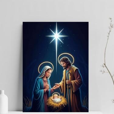 Imagem de Quadro Decorativo Natalino, Presépio Sagrado, MDF 20x28cm, Papel Glossy com Fita Dupla Face (Modelo 03)