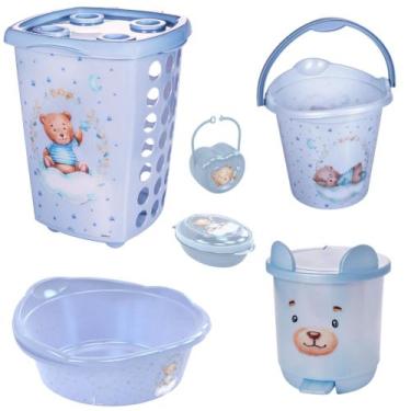 Imagem de Kit cesto de roupa de bebê decorada plasutil 6 peças + bacia + lixeira