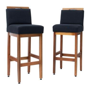 Imagem de Kit 2 Banquetas Altas Safira Estofadas Linho com Encosto Madeira Maciç