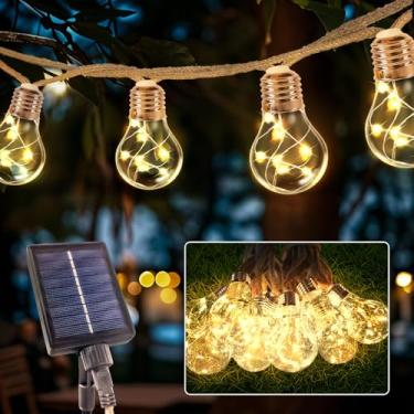 Imagem de Cordão de luzes solares para jardim ao ar livre, luzes LED para pátio com design de fonte de alimentação dupla solar/USB, com 20 lâmpadas Edison inquebráveis, perfeitas para decoração de cercas