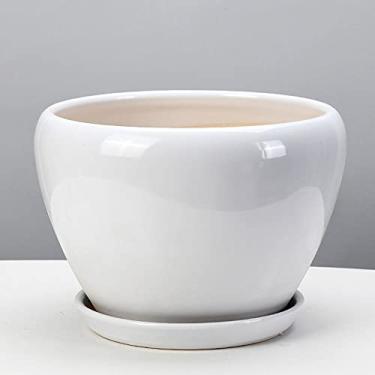 Imagem de Vaso de plantas para ambientes internos vasos de cerâmica branca para plantas redondas e modernas com pires para jardim interno e externo cacto para jardim, varanda, escritório interno (branco 14,5 cm