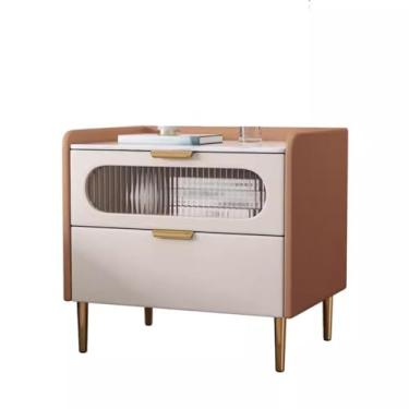 Imagem de Mesa de cabeceira moderna de madeira maciça, mesa de cabeceira de ardósia leve e luxuosa, armário de armazenamento de quarto de couro, mesa pequena