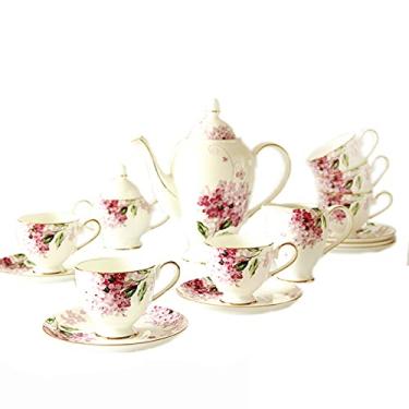 Imagem de Conjunto de chá de porcelana com 15 peças de flores cor-de-rosa vintage Bone China conjunto de xícaras de café serviço de chá de casamento para adultos