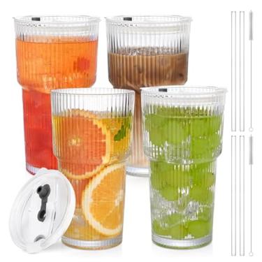 Imagem de AFINSEA Copo de vidro de 590 ml com canudo e tampa, 4 peças de copos de vidro com tampas e canudos, copos de café gelado canelados vintage para suco, uísque, coquetel, cerveja