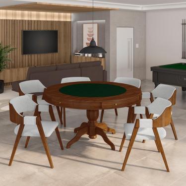 Imagem de Conjunto Mesa de Jogos Carteado Bellagio Tampo Reversível Verde e 6 Cadeiras Madeira Poker Base Estrela Linho Cinza/Imbuia G42 - Gran Belo