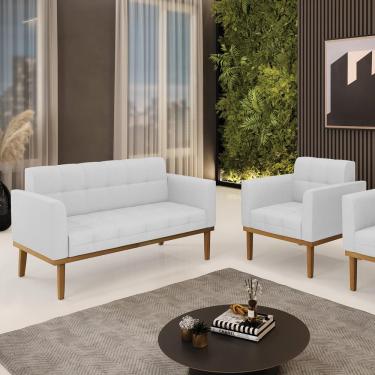 Imagem de Conjunto Poltrona e Namoradeira Decorativas Karen Pés Fixo em Madeira Castanho Linho Cinza G19 - Gran Belo