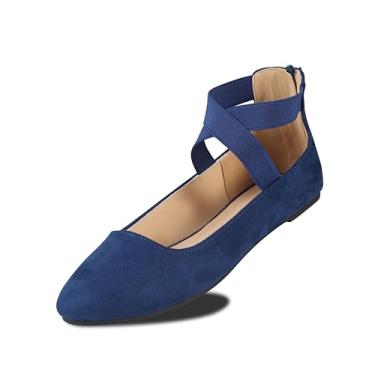 Imagem de EMMA NEW YORK Sapatilhas femininas confortáveis com alça, sapatilha bailarina com tiras elásticas no tornozelo para mulheres, sapatos renascentistas, sapatos de bailarina rasos, Su-azul-marinho, 36