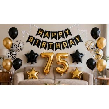 Imagem de Balões de 75º aniversário preto e dourado, decorações de 75 anos para homens e mulheres, balões de feliz aniversário de 75 anos número 75 balão de confete de látex de folha de aniversário de 75 anos