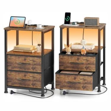 Imagem de Criado mudo com portas USB 110V Mesa de cabeceira mesa lateral de 3 camadas com estação de carregamento Mesa