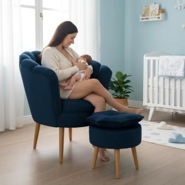 Imagem de Kit Poltrona Pétala com Puff Decorativo em Veludo, Pés Palito Madeira, Conforto e Estilo para Sala, Quarto ou Escritório (Azul Marinho)