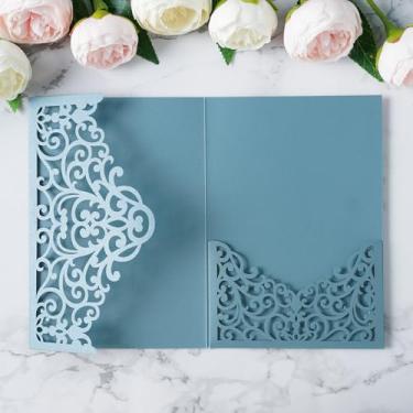 Imagem de ponatia 20 peças de bolsos azuis empoeirados para convites de casamento cortados a laser, bolsos de convite com corte a laser de 12 x 17 cm, para chá de panela, 15 anos, convite (sem envelopes e
