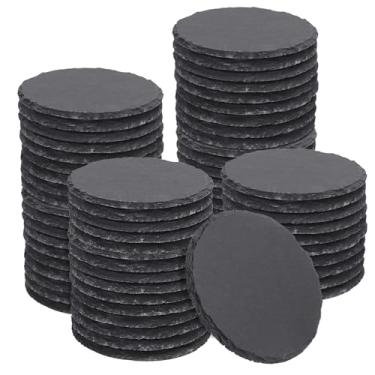 Imagem de Pacote com 65 porta-copos redondos de ardósia de 10 cm, porta-copos de pedra preta com fundo antiarranhões, ideal para decoração de casa, bar, presentes de inauguração de casa e gravação a laser