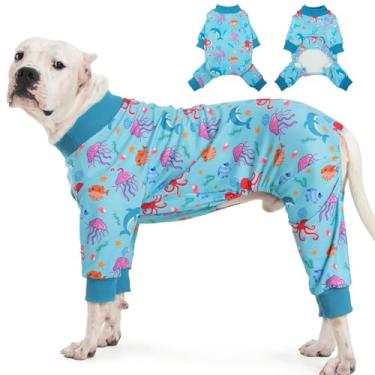 Imagem de Pijama de cachorro para cães grandes e médios com quatro pernas para dormir em ambientes internos reduz a queda de roupas para animais de estimação, macacão elástico macio para cães com pele sensível