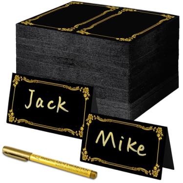 Imagem de 200 peças de cartões pretos e caneta dourada para casamentos, cartões de nome com borda dourada para configuração de mesa, barracas dobradas, placa para buffet, banquete, festas, eventos, celebrações
