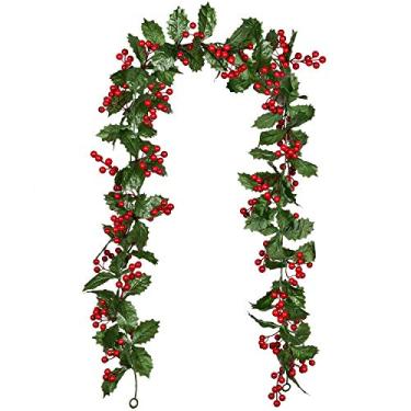 Imagem de Guirlanda de frutas vermelhas Lvydec Decoração de Natal – Guirlanda artificial de 1,8 m com frutas vermelhas e folhas de azevinho para decoração de mesa de corredor de lareira