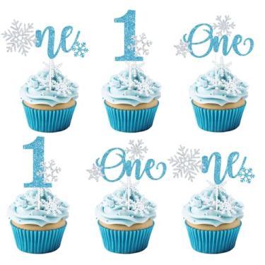 Imagem de 15PCS Snowflake One Cupcake Topper, Snowflake 1st Birthday, Winter Baby Shower, Winter Frozen Theme Kids First Birthday Party Decorations Blue Glitter