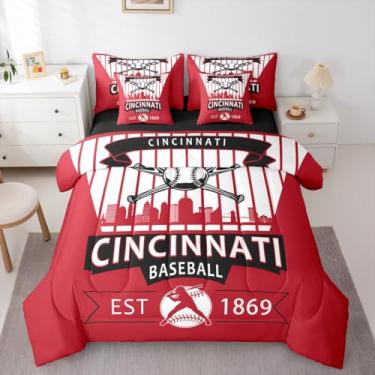 Imagem de Erosebridal Conjunto de edredom de beisebol com lençol Cincinnati, solteiro, esportivo, 7 peças, macio e leve, decoração de beisebol para quarto de meninos