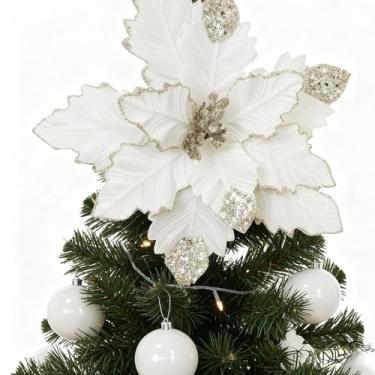 Imagem de Soulchen 2 peças de enfeite de árvore de poinsétia gigante gigante jumbo branco de 45,7 cm, enfeite de árvore de Natal grande, com glitter, branco, flor de poinsétia para guirlanda, decoração interna