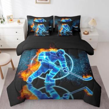 Imagem de Erosebridal Jogo de cama queen de hóquei no gelo, cama de jogador de hóquei em uma bolsa, jogo de bola de esportes de inverno inclui edredom, conjunto de lençóis, fronhas e fronhas para todas as