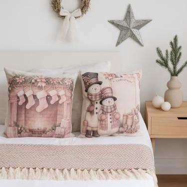 Imagem de Lizzi Home Decor Kit Natalino, Manta de Sofá Rosa Nude 140x200cm em Algodão com Franjas e 2 Capas de Almofada em Linho 45x45cm, Decoração Boho-Chic, Estampa Natalina