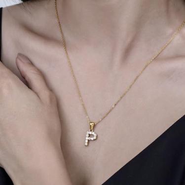 Imagem de Colar com pingente de cristal banhado a ouro 18 K - joia com monograma de strass para presentes personalizados e uso diário, F, Aço inoxidável, Sem Pedra Preciosa