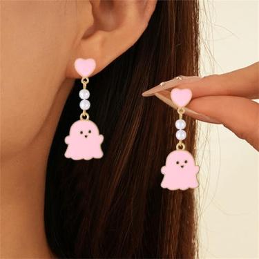 Imagem de Brincos de coração com pérolas de fantasma fofo para mulheres, criativos, engraçados, fantasmas, Halloween, cosplay, festa, bijuteria, Middle, Liga de aço, Sem pedra preciosa