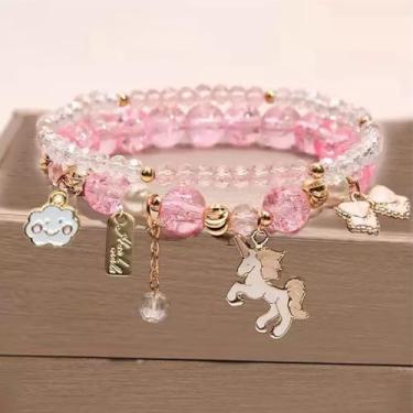 Imagem de Pulseira feminina de cristal com tema de unicórnio, pulseira elástica de strass brilhante com pingente de fantasia, joia de festa ajustável e elegante presente para ela, One Size, Cristal, Sem Pedra