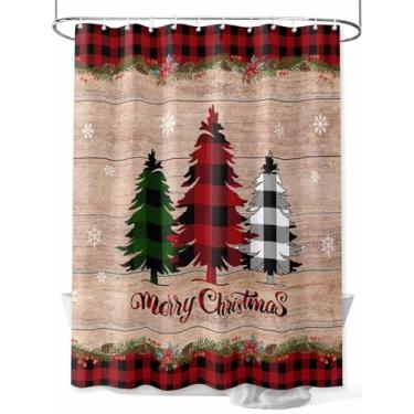 Imagem de Farmhouse Cortina de Chuveiro Merry Christmas, Árvores de Natal Xadrez Vermelho Preto Impermeável Tecido Lavável Conjunto de Cortinas de Chuveiro para Decoração de Banheiro, 91 x 182 cm de comprimento