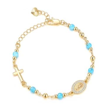 Imagem de Pulseira feminina de ouro virgem maria - pulseira de cruz religiosa banhada a ouro 14 K, joia delicada dourada não manchada Virgen De Guadalupe com contas de pedra natural, presente de confirmação de