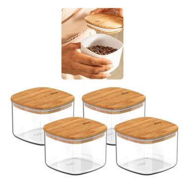 Imagem de Kit 4 Potes Hermético Para Mantimentos Tampa Bambu 45Ml