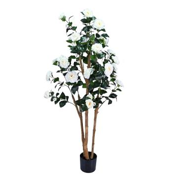 Imagem de Camélia de árvores artificiais realistas com troncos de madeira natural, rosa sintética de seda perene com flores de seda, decoração interna para sala de estar, varanda, escritório (branco, 1,5 m x 1)