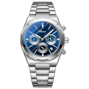 Imagem de Reginald Relógio masculino casual, moderno, negócios, quartzo, cronógrafo, aço inoxidável, impermeável, relógio esportivo, Azul, Tendência