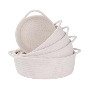 Imagem de Conjunto de 5 cestos pequenos de tecido, prateleiras, caixas de corda de algodão natural com alça, papel higiênico para bancada, presentes fofos, organizando mini caixa de berçário (branca)