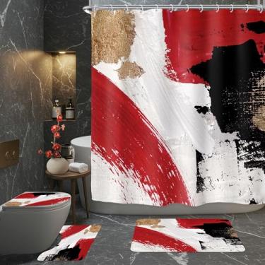 Imagem de Riyidecor Conjunto de 4 peças de cortina de chuveiro de banheiro vermelho preto dourado abstrato moderno conjunto com tapetes e acessórios pintura a óleo tapete de tampa de vaso sanitário simples