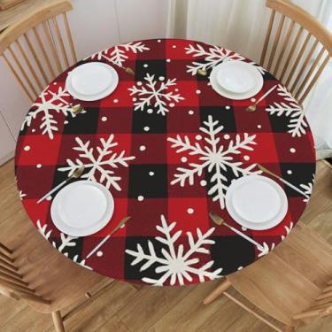 Imagem de KiuLoam Toalha de mesa redonda xadrez de búfalo vermelho e preto de Natal com borda elástica toalha de mesa lavável para decoração de patrulha de cozinha ao ar livre, serve para 102 a 111 cm, pequena