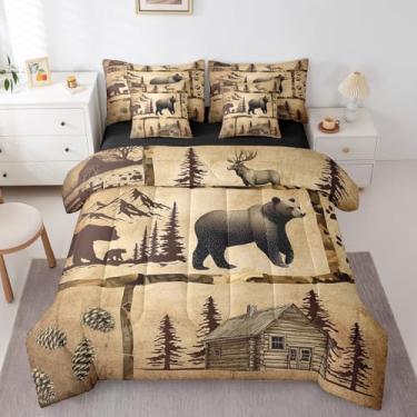 Imagem de Feelyou Jogo de cama solteiro com estampa de urso, pinheiro, cinza, 7 peças, tamanho solteiro, para crianças, meninos, meninas, animais selvagens, edredom macio estilo selva ocidental