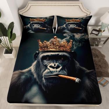 Imagem de Manfei Jogo de cama casal com tema de animais de desenho animado Gorila, para decoração de quarto de meninos e meninas, vida selvagem africana, com 2 fronhas, cama de poliéster macio, sem lençol de