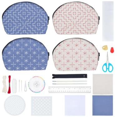 Imagem de FREEBLOSS Conjunto de 4 kits de bolsa de moedas Sashiko faça você mesmo com flor abstrata PET estêncil kit de bordado para iniciantes ideias de presentes de decoração de casa cinza azul e pano branco
