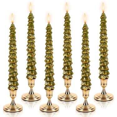 Imagem de JarThenaAMCS 6 conjuntos de velas cônicas de árvore de Natal com suporte de velas douradas em forma de árvore de Natal para presente para suporte de castiçal de mesa (vergreen)