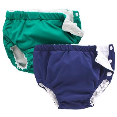 Imagem de IIjnUhb Fraldas de natação reutilizáveis para bebês, pacote com 2, calças laváveis para meninos e meninas de 0 a 3 anos, presentes de banho, verde-marinho, 3 M