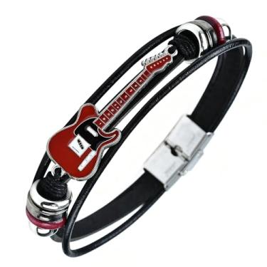 Imagem de ROJEMXVE Pulseira de couro de guitarra retrô para homens e mulheres, exclusivo com contas trançadas, feitas à mão, étnico, tribal, multicamadas, em formato de música, punk, rock, joias e presentes
