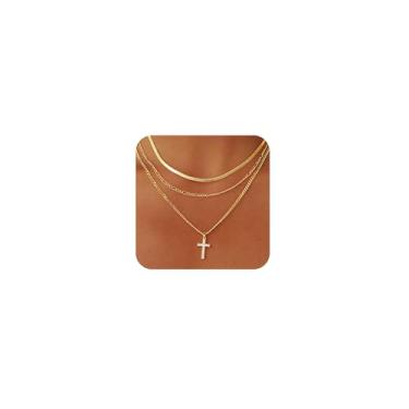 Imagem de SUFOPE Conjunto de colares femininos com cruz de ouro em camadas, empilháveis, volumosos, banhados a ouro 14 K, com pingente de zircônia cúbica, gargantilha delicada, joias religiosas, presentes
