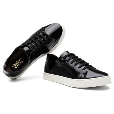 Imagem de Tenis Casual Feminino Couro Verniz Forrado Cano Curto Com Cadarço Esportivo Caminhada