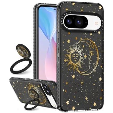 Imagem de Boaretiu Capa fofa Kawaii para Google Pixel 9/9Pro com suporte - Design moderno de 360° com suporte de anel giratório pegajoso para mulheres e meninas para Google Pixel 9/9Pro, sol e lua