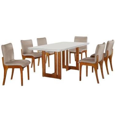 Imagem de Sala De Jantar 180cm 6 Cadeiras Off White/imbuia /palha