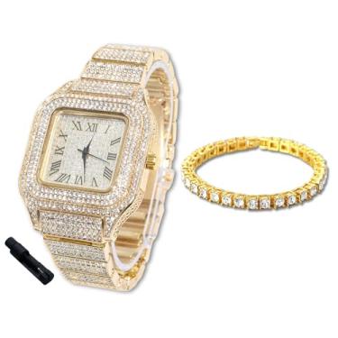 Imagem de Halukakah Relógio de diamantes para meninos e adolescentes - banhado a ouro real 18K, mostrador quadrado de 40 mm, quartzo japonês - comprimento de 20 cm - opcional com corrente de tênis, com