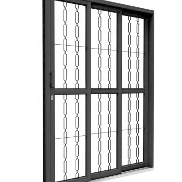 Imagem de Porta de Aço de Correr Lateral 3 Folhas com Grade Mosaico 213x150cm Riobras Aço Pronto Preto